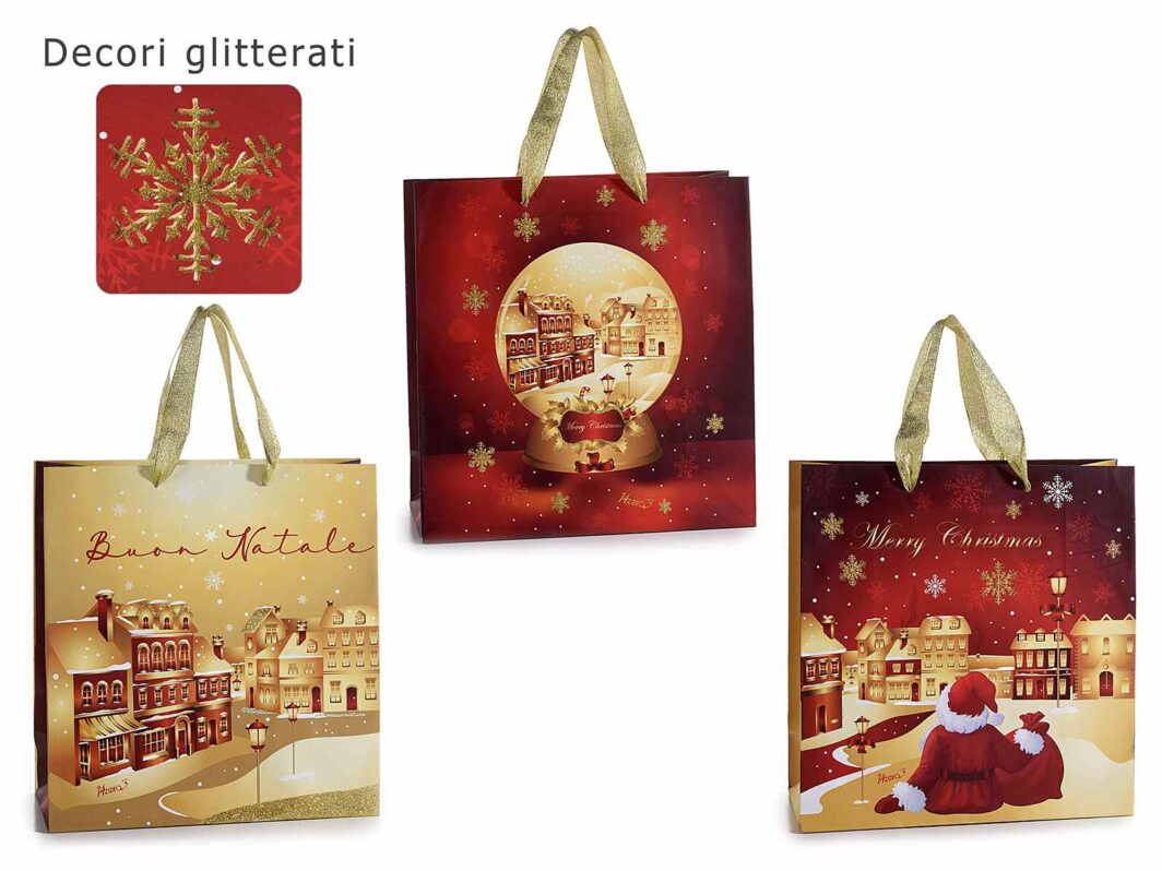 Sacchetto carta "Christmas Village" con manici e glitter
Misure: cm 23 x 10 x 24 H
Con manici: 35 H - Grammatura: 150 g
Assortimento: 3 fantasie