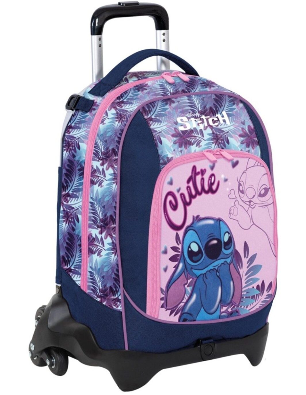 Seven Disney Stitch e Angel - Zaino Trolley Staccabile Jack 3 Ruote per Scuola Elementare, Doppio Scomparto