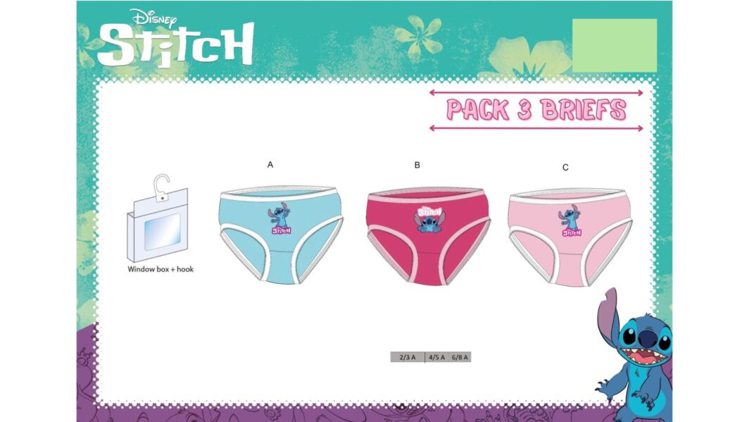 Tris Mutande Bambina "Stitch" Slip Intimo