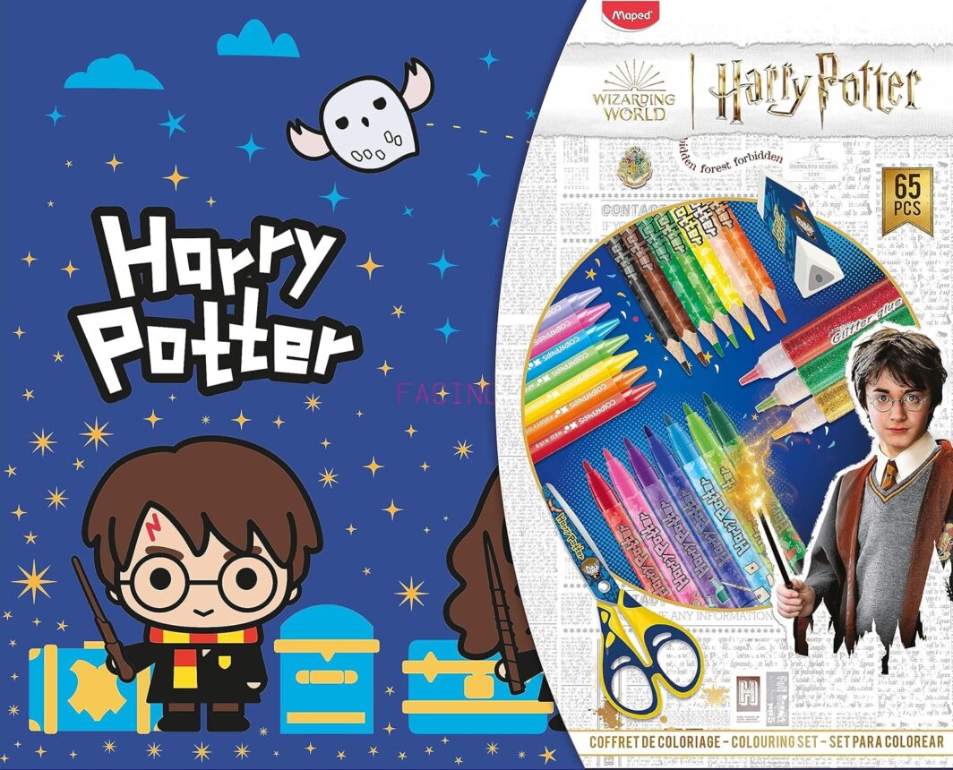 Maped - Cofanetto da colorare Harry Potter 65 pezzi - Matite colorate + pennarelli + 1 scalpello + 1 gomma + gessi + colla glitterata